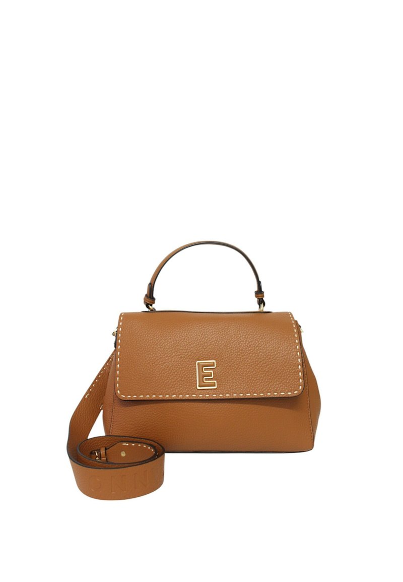 Borsa in pelle color cuoio con design strutturato, accentuata dalla lettera 'E' in oro, manico superiore e tracolla removibile. Presenta cuciture bianche.