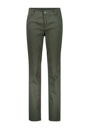 Olivegrüne Hose mit geradem Bein, Vorderknopf und Reißverschluss, Gürtelschlaufen und Vordertaschen auf weißem Hintergrund.
