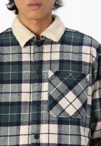 Chemise en flanelle à carreaux vert, marine et crème. Elle présente un col en sherpa, des boutons noirs et une poche poitrine à motif en losange.