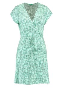 Green wrap dress with a floral pattern, short sleeves, a tie waist, and a V-neckline. Made of lightweight fabric, suitable for casual wear.