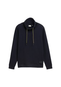 Marineblauwe pullover trui met een col, voorzien van twee gouden trekkoorden en een gestructureerde stof. Inclusief een zijlabel detail.