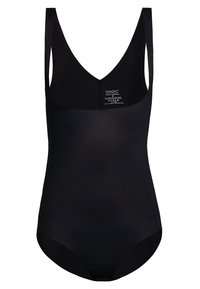 Μαύρο ολόσωμο μαγιό με V-λαιμόκοψη, φαρδιές τιράντες και λεία υφή. Χωρίς σχέδια και με ετικέτα στο πίσω μέρος.