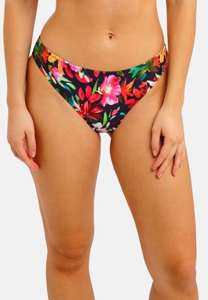 Bloemenbikini broekje met een zwarte achtergrond, levendige roze, gele en groene bloemenpatronen, met een lage taille en een gladde textuur.