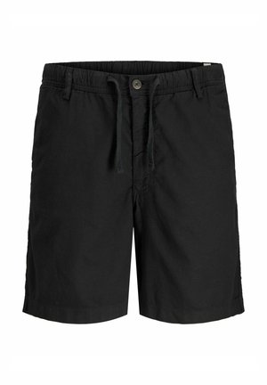 Sorte bomulds shorts med elastisk talje, snøre, knaplukning, sidelommer og syede detaljer på siderne.
