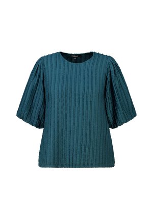 Blouse in zeegroen met textuur, korte pofmouwen en een ronde halslijn, maat medium, getoond op een witte achtergrond.
