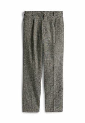 Grijze gestreepte broek van een gestructureerde stof, met een knoopsluiting, twee voorplooien en een rechte pijpen ontwerp.