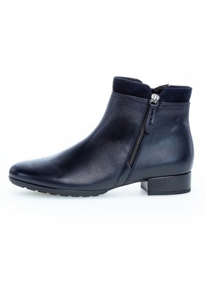 Black leather ankle boots with a smooth finish, side zipper, rounded toe, and a low block heel. Features a soft fabric collar.