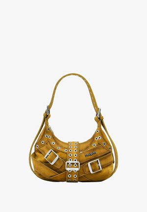 Mosterdgele suède handtas met dubbele gespbanden, oogdetails en een enkele schouderriem, met het label "Desigual" aan de voorkant.