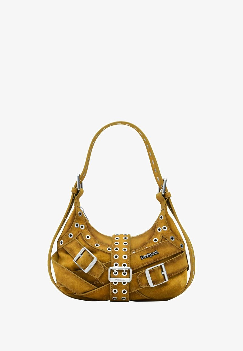 Žuta svijetla suđena torba s dvostrukim kopčama, detaljima s rupicama i jednim remenom za nošenje na ramenu, označena s "Desigual" sprijeda.