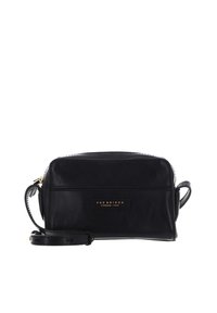 Borsa a mano in pelle nera con chiusura a zip, forma rettangolare, manico laterale e tracolla regolabile. Presenta una placca con logo dorato sul davanti.