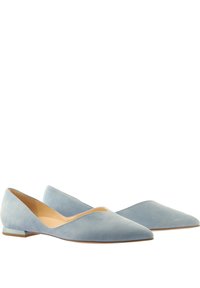 Light blue suede flats with a pointed toe and low heel. Features a cut-out design on the sides and a smooth interior.