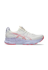 Lightweight running shoe with a white upper, red and blue accents, breathable mesh, and a speckled sole for cushioning and stability.