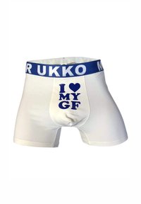 Weiße Boxershorts mit einem blauen elastischen Bund, auf dem vorne der Text "I ❤️ MY GF" in fetten blauen Buchstaben steht. Weicher Stoff.