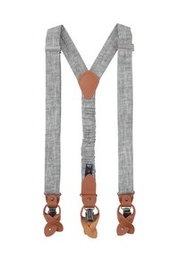 Graue Stoffträger mit Lederakzenten, die verstellbare Riemen und Metallclips an den Enden für eine sichere Befestigung aufweisen.