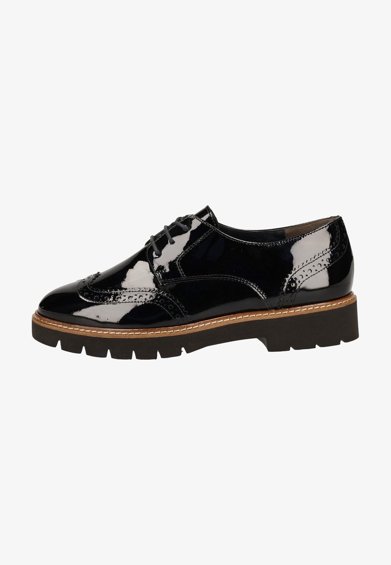 Chaussures à lacets en cuir verni noir avec des détails brogue, une semelle en caoutchouc épaisse et un bout arrondi. Accentué par des coutures contrastantes.