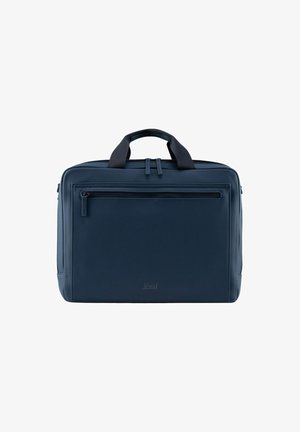 Sacoche pour ordinateur portable en cuir navy au design épuré, avec deux poignées supérieures, une poche zippée à l'avant et un logo discret en bas. Texture lisse.