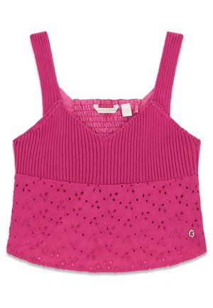 Roze mouwloze top met een geribbelde bovenkant, een bloemmotief met oogjes op het onderste gedeelte en een klein metalen "G"-logo bij de zoom.