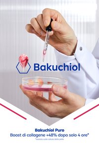 Un contagocce trasparente che tiene un liquido rosa, posizionato sopra una piastra Petri con contenuti rosa. Il testo indica "Bakuchiol Puro" e afferma un aumento del collagene.