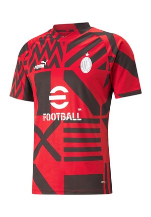 Fotbalový dres AC Milán v červené a černé barvě s výraznými geometrickými vzory, logem Puma, znakem klubu a bílým nápisem sponzora eFootball na přední straně.
