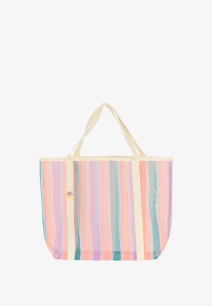 Stor taske med lodrette pastelfarvede striber i pink, lilla og blå, med cremefarvede håndtag og kant.