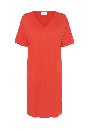 Lyhythihainen, V-pääntiellä varustettu mekko, joka on valmistettu sileästä punaisesta kankaasta; polvipituinen, rento istuvuus ja yksinkertainen muotoilu, sopii arkikäyttöön.