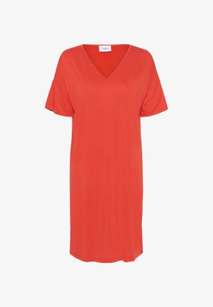 Lyhythihainen, V-pääntiellä varustettu mekko, joka on valmistettu sileästä punaisesta kankaasta; polvipituinen, rento istuvuus ja yksinkertainen muotoilu, sopii arkikäyttöön.