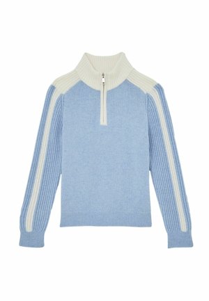 Pulover tricotat albastru deschis cu guler înalt și fermoar de un sfert. Prezintă dungi crem pe mâneci și textură striată la manșete și tiv.