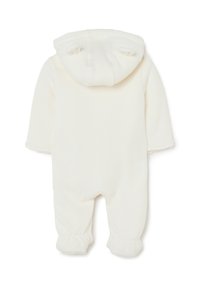 Weißes, geripptes Einteiler mit Kapuze, lange Ärmel und elastischen Bündchen, aus weichem Material, geeignet für Säuglinge.