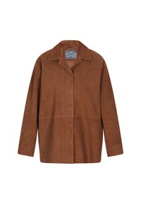 Bruine suède jacket met een kraag, knoopsluiting aan de voorkant en een losse pasvorm. Kenmerken zijn een gladde textuur en een eenvoudig ontwerp, geschikt voor het combineren met andere kleding.