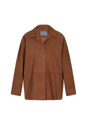 Bruine suède jacket met een kraag, knoopsluiting aan de voorkant en een losse pasvorm. Kenmerken zijn een gladde textuur en een eenvoudig ontwerp, geschikt voor het combineren met andere kleding.