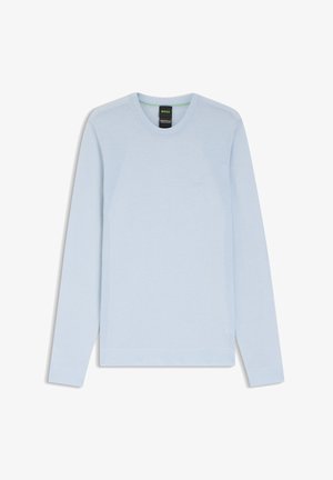 Pull à col rond bleu clair à manches longues avec des panneaux côtelés sur les épaules et les côtés, affichant un petit logo "BOSS" sur la poitrine.
