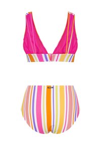 Zwei-Teil Badeanzug mit einem pinken, dreieckigen Bralette und einem bunten gestreiften Unterteil in pink, orange, gelb und lila Mustern.
