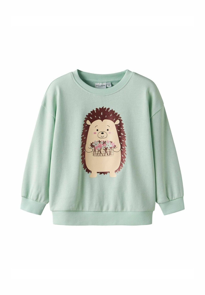 Lichtgroene kindersweatshirt met een glimlachende egel die roze bloemen in een mand vasthoudt, bedrukt op de voorkant.