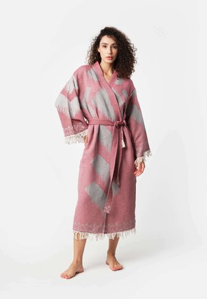 Pink and gray patterned robe with fringe accents at the hem, tied at the waist, featuring wide sleeves and a soft texture.