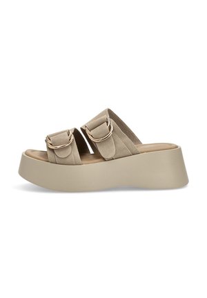 Zapatos de plataforma beige con correas frontales dobles, que presentan grandes hebillas doradas, fabricados en suave material de ante y con una suela ancha y chunky.