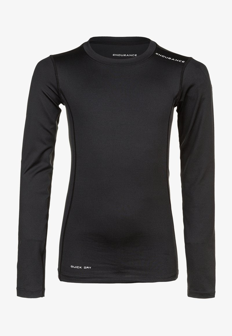 Chemise de performance à manches longues noire en matière à séchage rapide, dotée de coutures plates et du logo "ENDURANCE" près du col.