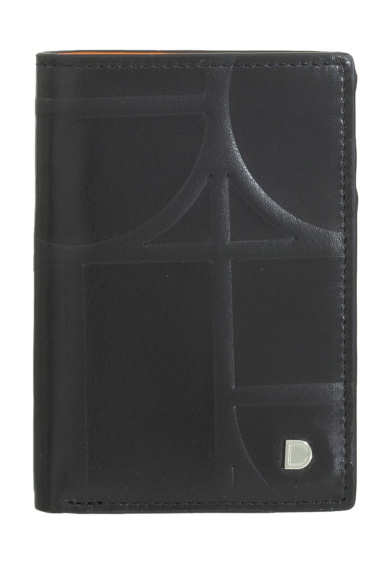 Portafoglio in pelle nera con motivo geometricamente in rilievo, dotato di un accento logo in argento e dettagli di cucitura visibili. Design compatto e pieghevole.
