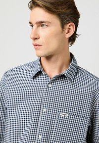 Camicia a quadri blu e bianca con colletto button-down, taschino sul petto e piccolo logo ricamato. Tessuto di cotone con una texture liscia.