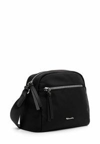 Borsa a tracolla nera in tessuto con compartimento con zip, tracolla regolabile e un piccolo dettaglio del logo sul davanti.
