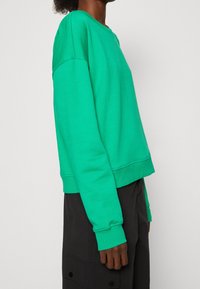 Sudadera verde, corta, con mangas largas, que presenta un cuello redondo y puños acanalados. Fabricada con material suave, el diseño incluye un acabado sin costuras.