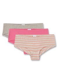 Drei Paare Damenunterhosen: grau (gestreift), einfarbig pink und hellpeach mit weißen horizontalen Streifen; aus weichem Baumwollmaterial, ohne Etikett.