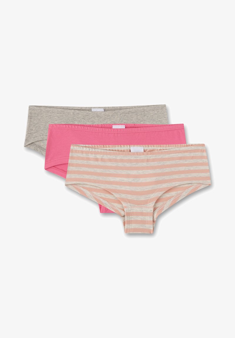 Drei Paare Damenunterhosen: grau (gestreift), einfarbig pink und hellpeach mit weißen horizontalen Streifen; aus weichem Baumwollmaterial, ohne Etikett.