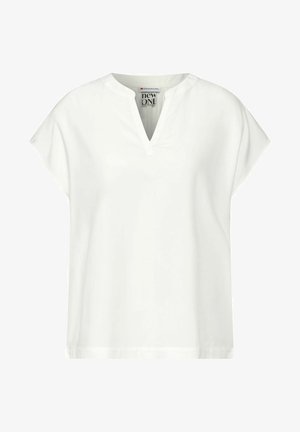 Hvid kortærmet bluse med V-udskæring, der har en afslappet pasform og blød tekstur. Stoffet har en glat finish og minimale design detaljer.