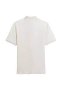 Polo shirt bianco a maniche corte con tessuto a maglia texturizzato, colletto piccolo e orlo pulito. Adatto per abbigliamento casual o semi-casual.
