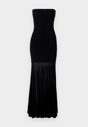 Black strapless dress with a fitted bodice and a flowing pleated skirt. Made from a smooth fabric, the lower half features vertical pleats.