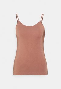 Top de tanque rosa feito de um tecido macio, com alças finas ajustáveis, um design ajustado e uma textura suave sem padrões.