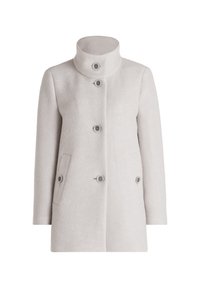 Helles graues Wollmantel mit hohem Kragen, fünf grauen Knöpfen auf der Vorderseite und zwei geknöpften Taschen mit Klappen an den Seiten.