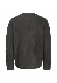 Mørkegrå fuzzy striktrøje med lange ærmer og ribbede mansjetter og kant, vist fra bagzen.