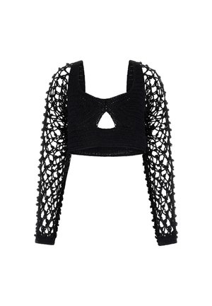 Haut court noir avec des manches longues en tricot ouvert. Présente un décolleté carré et une découpe en forme de triangle au centre. Tissu texturé sur l'ensemble.