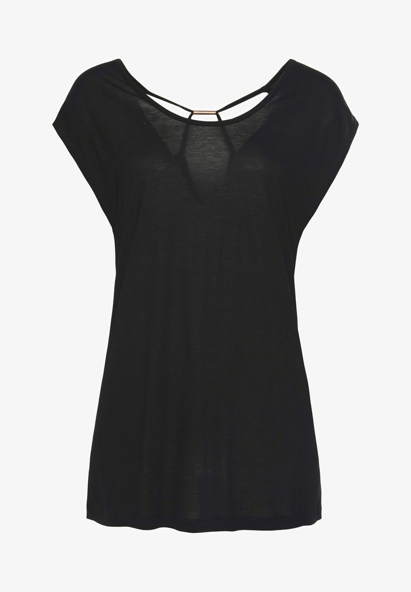 Black loose-fitting top with short sleeves, featuring a wide neckline and three strap detail at the back. Soft, lightweight fabric.